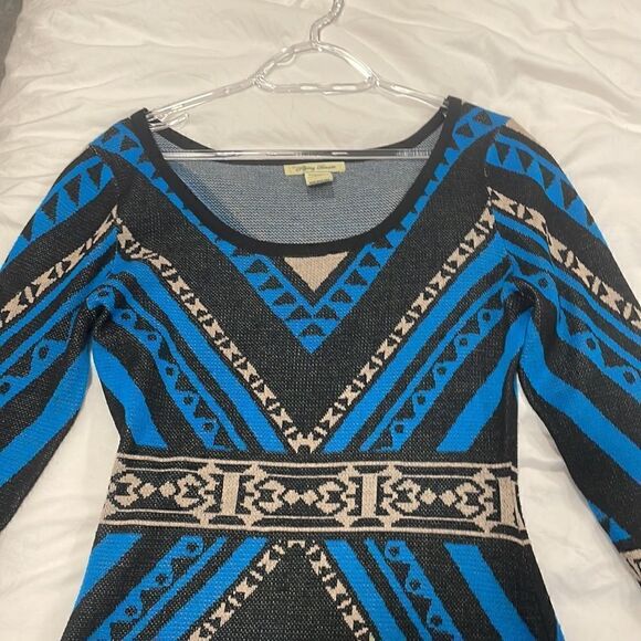 FLYING TOMATO Blue black print knit bodycon holiday party sweater dress S - Picture 5 of 7